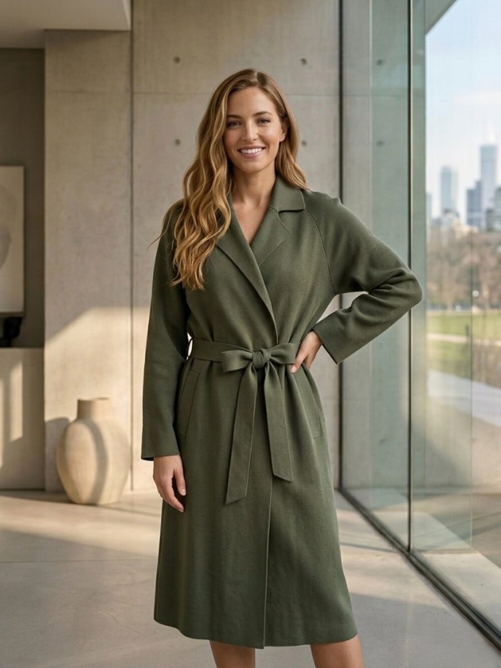 Massimo Dutti Long Textured Olive Green Knit Cardigan Coat (M)